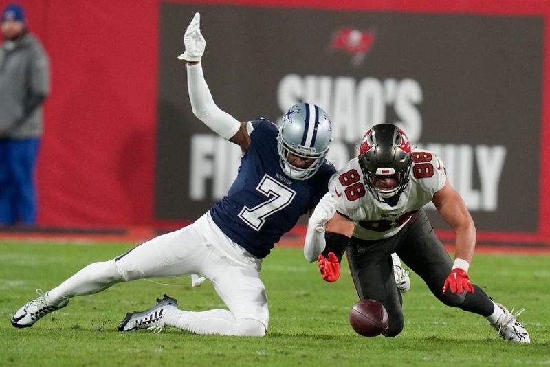 Tampa Bay Buccaneers tight end Cade Otton (88) loses the catch against Dallas Cowboys cornerback Trevon Diggs (7) during the second half of an NFL wild-card football game, Monday, Jan. 16, 2023, in Tampa, Fla. (AP Photo/John Raoux)