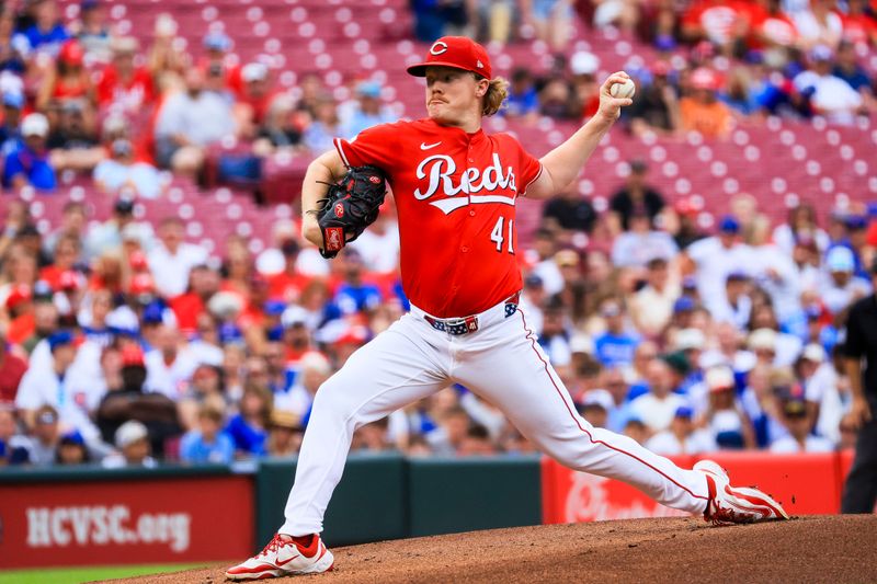 Sep 21, 2025; Cincinnati, Ohio, USA; Cincinnati Reds starting pitcher Andrew Abbott (41) pitches against the Chicago Cubs in the first inning at Great American Ball Park. Mandatory Credit: Katie Stratman-Imagn Images