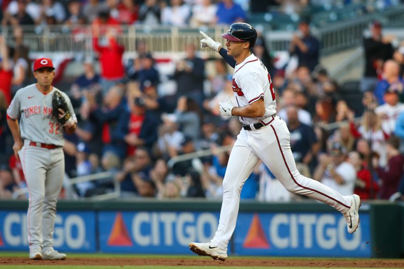 Apr 11, 2023; Atlanta, Georgia, USA; Atlanta Braves first baseman Matt Olson (28) celebrates after a home run against the Cincinnati Reds in the first inning at Truist Park. Mandatory Credit: Brett Davis-USA TODAY Sports
