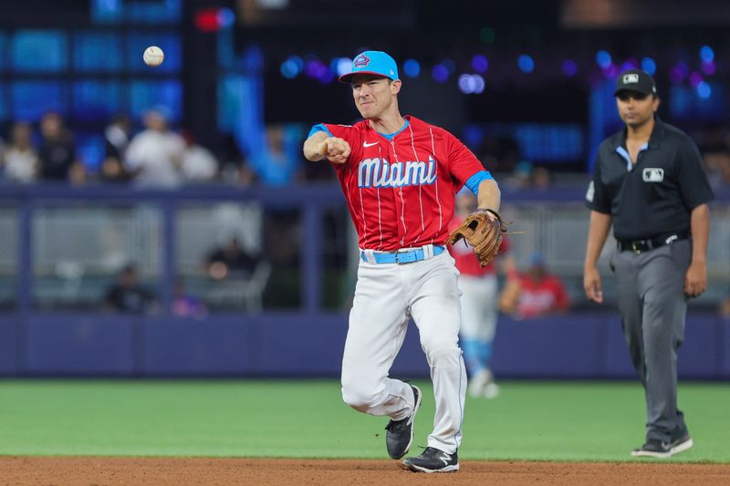 Jul 22, 2023; Miami, Florida, USA; Miami Marlins shortstop Joey Wendle (18) throws to first and retires Colorado Rockies shortstop Ezequiel Tovar (not pictured) during the fourth inning at loanDepot Park. Mandatory Credit: Sam Navarro-USA TODAY Sports