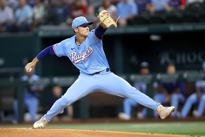 Jun 29, 2025; Arlington, Texas, USA; Texas Rangers pitcher Jack Leiter (35) throws a pitch during the first inning against the Seattle Mariners at Globe Life Field. Mandatory Credit: Tim Heitman-Imagn Images