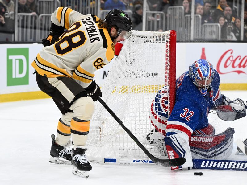 Mar 21, 2024; Boston, Massachusetts, USA; New York Rangers goaltender Jonathan Quick (32) makes a save on a shot made by Boston Bruins right wing David Pastrnak (88) during the first period at the TD Garden. Mandatory Credit: Brian Fluharty-USA TODAY Sports