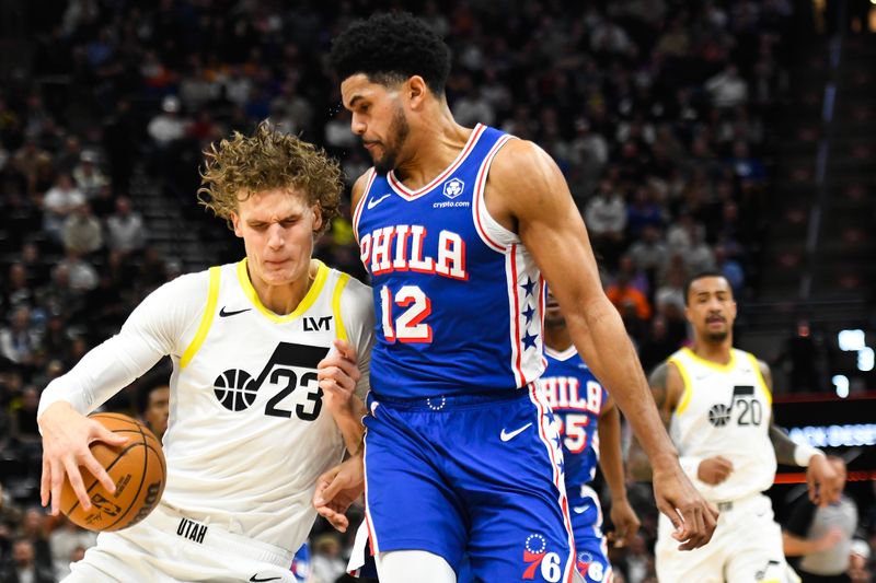 SALT LAKE CITY, UTAH - FEBRUARY 01: Lauri Markkanen #23 of the Utah Jazz drives against Tobias Harris #12 of the Philadelphia 76ers during the first half at Delta Center on February 01, 2024 in Salt Lake City, Utah. NOTE TO USER: User expressly acknowledges and agrees that, by downloading and or using this photograph, User is consenting to the terms and conditions of the Getty Images License Agreement. (Photo by Alex Goodlett/Getty Images)