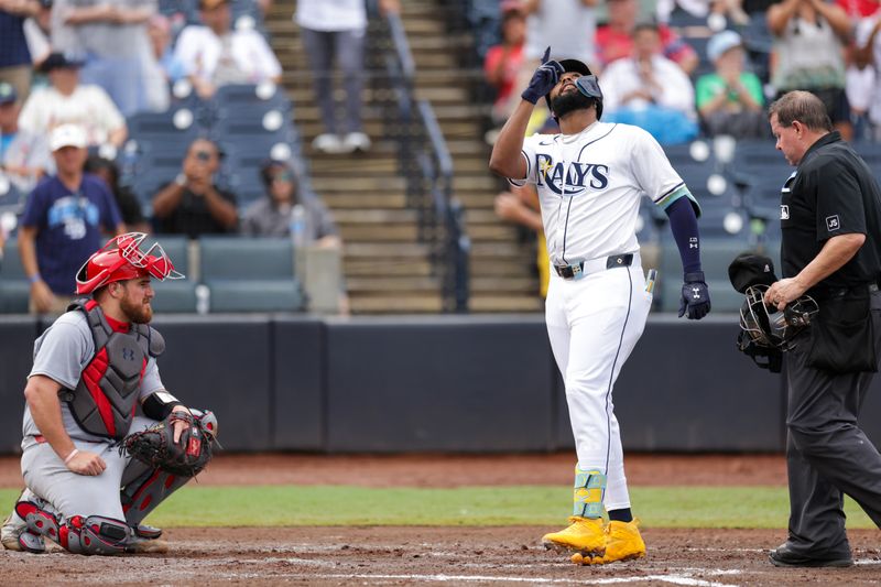 Aug 24, 2025; Tampa, Florida, USA; Tampa Bay Rays third baseman Junior Caminero (13) runs the bases after hitting a grand slam against the St. Louis Cardinals in the fifth inning at George M. Steinbrenner Field. Mandatory Credit: Nathan Ray Seebeck-Imagn Images