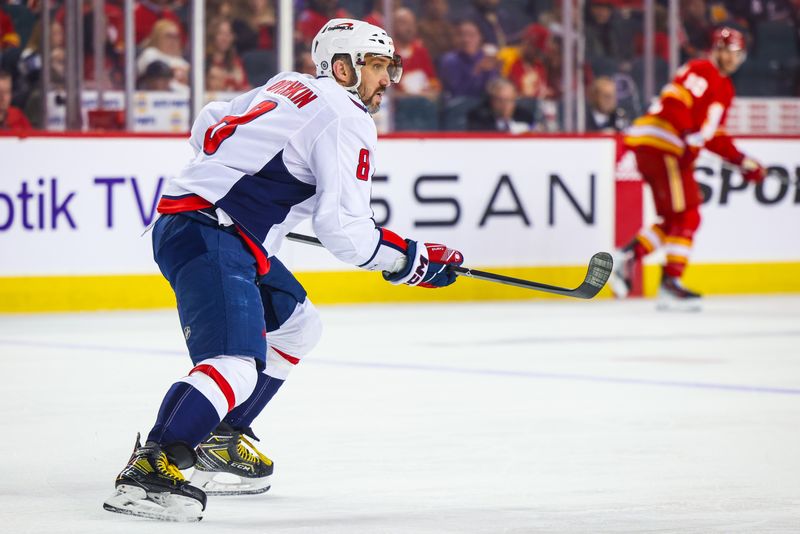 Mar 18, 2024; Calgary, Alberta, CAN; Washington Capitals left wing Alex Ovechkin (8) skates against the Calgary Flames during the first period at Scotiabank Saddledome. Mandatory Credit: Sergei Belski-USA TODAY Sports