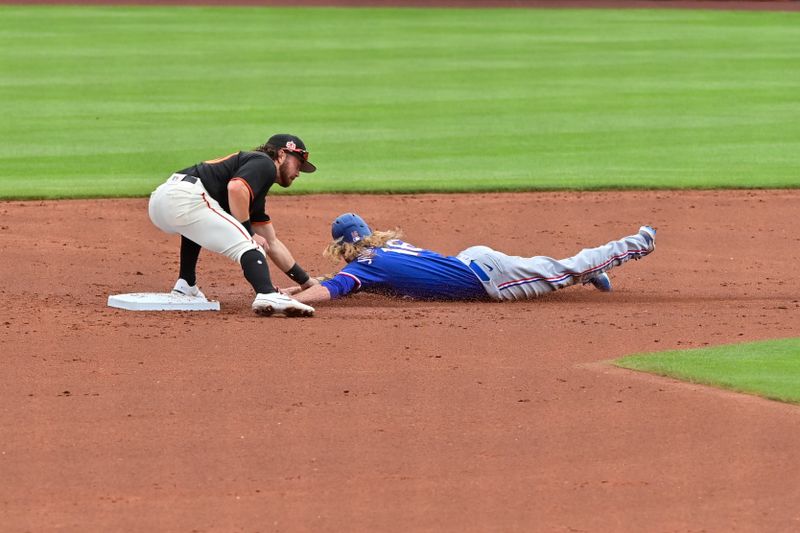 Mar 22, 2023; Scottsdale, Arizona, USA; San Francisco Giants second baseman Brett Wisely (70) tags out Texas Rangers centerfielder Travis Jankowski (16) stealing second base in the third inning during a Spring Training game at Scottsdale Stadium. Mandatory Credit: Matt Kartozian-USA TODAY Sports