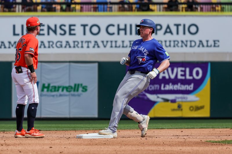 Mar 1, 2026; Lakeland, Florida, USA; Toronto Blue Jays first baseman Sean Keys (89) at second on a double during the third inning against the Detroit Tigers at Publix Field at Joker Marchant Stadium. Mandatory Credit: Mike Watters-Imagn Images