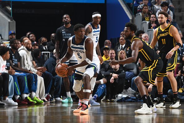 SAN FRANCISCO, CA - NOVEMBER 14: Anthony Edwards #5 of the Minnesota Timberwolves dribbles the ball during the game against the Golden State Warriors during the In-Season Tournament on November 14, 2023 at Chase Center in San Francisco, California. NOTE TO USER: User expressly acknowledges and agrees that, by downloading and or using this photograph, user is consenting to the terms and conditions of Getty Images License Agreement. Mandatory Copyright Notice: Copyright 2023 NBAE (Photo by Noah Graham/NBAE via Getty Images)