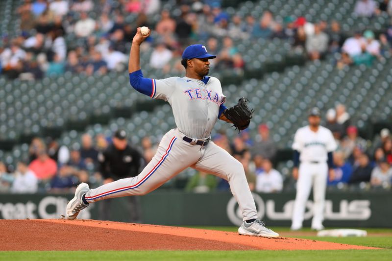 Sep 12, 2024; Seattle, Washington, USA; Texas Rangers starting pitcher Kumar Rocker (80) pitches to the Seattle Mariners during the first inning at T-Mobile Park. Mandatory Credit: Steven Bisig-Imagn Images