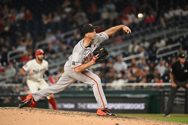 Aug 6, 2024; Washington, District of Columbia, USA; San Francisco Giants relief pitcher Taylor Rogers (33) throws a pitch against the Washington Nationals during the fifth inning at Nationals Park. Mandatory Credit: Rafael Suanes-USA TODAY Sports