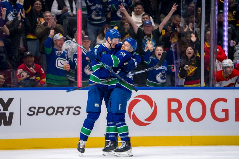 Apr 16, 2024; Vancouver, British Columbia, CAN; Vancouver Canucks defenseman Tyler Myers (57) and forward Teddy Blueger (53) celebrate Myers’ goal against the Calgary Flames in the first period at Rogers Arena. Mandatory Credit: Bob Frid-USA TODAY Sports