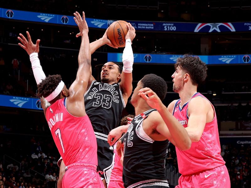 WASHINGTON, DC -? MARCH 24: Tre Jones #33 of the San Antonio Spurs handles the ball during the game against the Washington Wizards on March 24, 2023 at Capital One Arena in Washington, DC. NOTE TO USER: User expressly acknowledges and agrees that, by downloading and or using this Photograph, user is consenting to the terms and conditions of the Getty Images License Agreement. Mandatory Copyright Notice: Copyright 2023 NBAE (Photo by Stephen Gosling/NBAE via Getty Images)