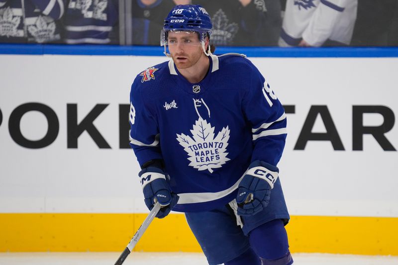 Jan 13, 2024; Toronto, Ontario, CAN; Toronto Maple Leafs forward Noah Gregor (18) during warm up before a game against the Colorado Avalanche at Scotiabank Arena. Mandatory Credit: John E. Sokolowski-USA TODAY Sports