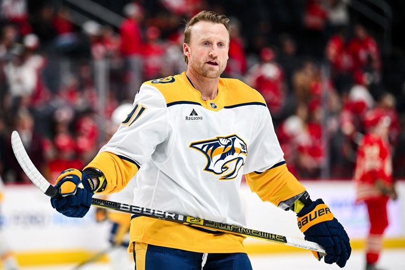 Nov 26, 2025; Detroit, Michigan, USA; Nashville Predators center Steven Stamkos (91) before the game against the Detroit Red Wings at Little Caesars Arena. Mandatory Credit: Tim Fuller-Imagn Images