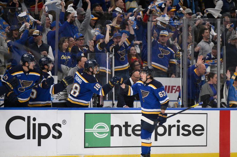 Apr 27, 2025; St. Louis, Missouri, USA; St. Louis Blues left wing Jake Neighbours (63) is congratulated by teammates after scoring a goal against the Winnipeg Jets during the first period in game four of the first round of the 2025 Stanley Cup Playoffs at Enterprise Center. Mandatory Credit: Jeff Le-Imagn Images