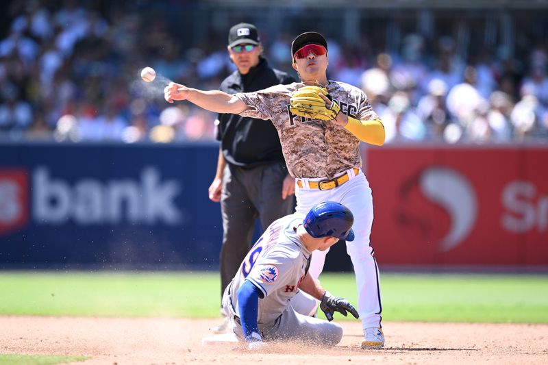 Jul 9, 2023; San Diego, California, USA; San Diego Padres second baseman Ha-seong Kim (7) throws to first base after forcing out New York Mets designated hitter Mark Canha (19) at second base to complete a double play during the sixth inning at Petco Park. Mandatory Credit: Orlando Ramirez-USA TODAY Sports