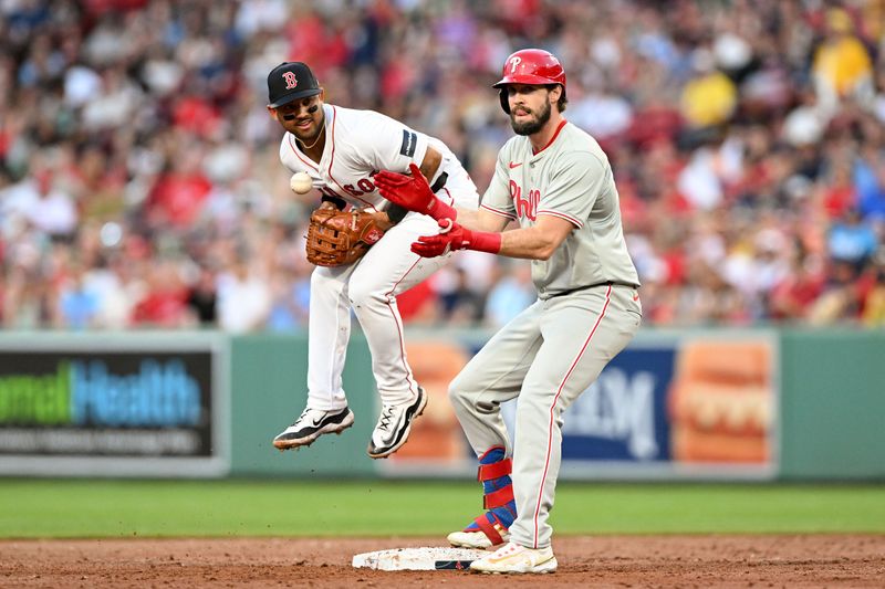 Jun 12, 2024; Boston, Massachusetts, USA; Philadelphia Phillies outfielder David Dahl (35) reacts in front of Boston Red Sox second base Jamie Westbrook (73) after hitting a RBI double during the third inning at Fenway Park. Mandatory Credit: Brian Fluharty-USA TODAY Sports