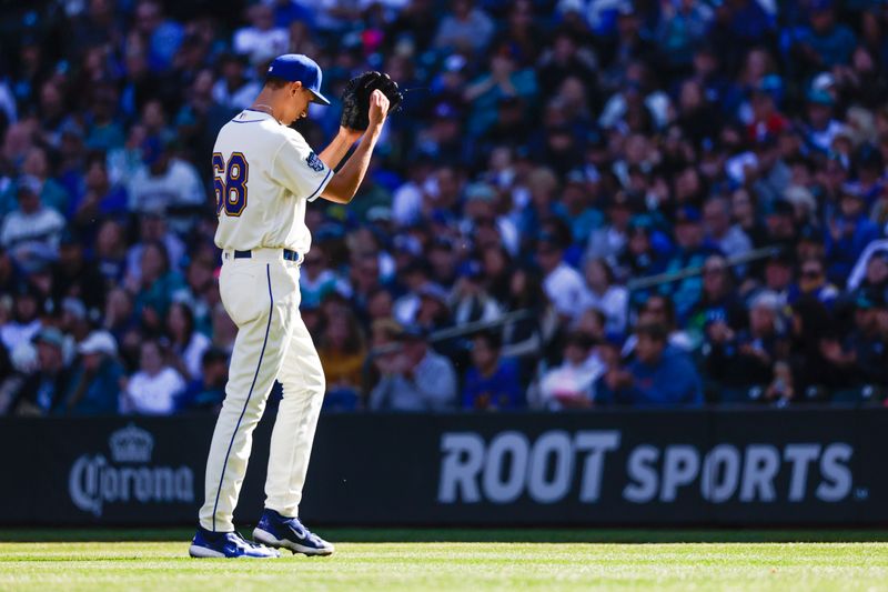 Oct 1, 2023; Seattle, Washington, USA; Seattle Mariners starting pitcher George Kirby (68) reacts following the final out of the sixth inning against the Texas Rangers at T-Mobile Park. Mandatory Credit: Joe Nicholson-USA TODAY Sports