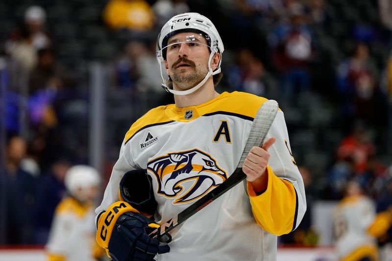 Dec 14, 2024; Denver, Colorado, USA; Nashville Predators center Steven Stamkos (91) before the game against the Colorado Avalanche at Ball Arena. Mandatory Credit: Isaiah J. Downing-Imagn Images