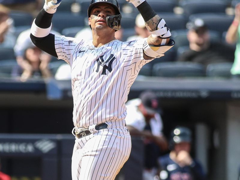 Aug 20, 2023; Bronx, New York, USA;  New York Yankees second baseman Gleyber Torres (25) celebrates after hitting a solo home run in the sixth inning against the Boston Red Sox at Yankee Stadium. Mandatory Credit: Wendell Cruz-USA TODAY Sports