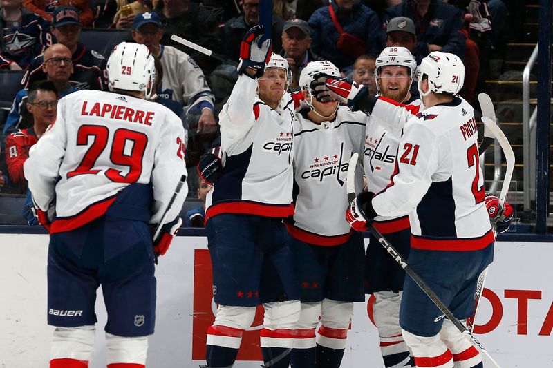 Dec 21, 2023; Columbus, Ohio, USA; Washington Capitals right wing Anthony Mantha (39) celebrates his goal against the Columbus Blue Jackets during the second period at Nationwide Arena. Mandatory Credit: Russell LaBounty-USA TODAY Sports