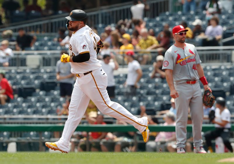 Jul 24, 2024; Pittsburgh, Pennsylvania, USA;  Pittsburgh Pirates first baseman Rowdy Tellez (44) circles the bases after hitting a solo home run against the St. Louis Cardinals during the fourth inning at PNC Park. Mandatory Credit: Charles LeClaire-USA TODAY Sports