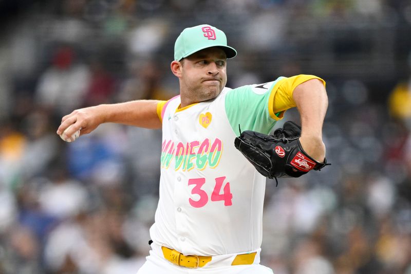 Jun 7, 2024; San Diego, California, USA; San Diego Padres starting pitcher Michael King (34) delivers during the first inning against the Arizona Diamondbacks at Petco Park. Mandatory Credit: Denis Poroy-USA TODAY Sports at Petco Park. 