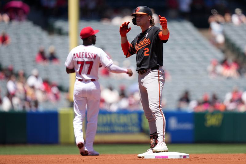 May 11, 2025; Anaheim, California, USA; Baltimore Orioles shortstop Gunnar Henderson (2) reacts after hitting a double in the first inning against the Los Angeles Angels at Angel Stadium. Mandatory Credit: Kirby Lee-Imagn Images