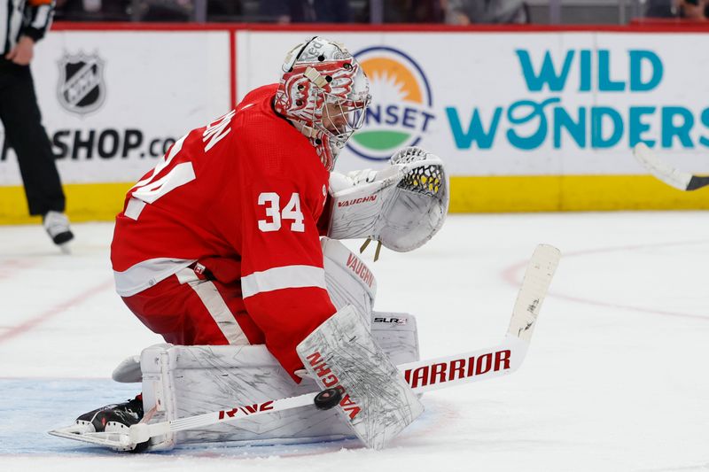 Apr 7, 2024; Detroit, Michigan, USA; Detroit Red Wings goaltender Alex Lyon (34) makes a save in the third period against the Buffalo Sabres at Little Caesars Arena. Mandatory Credit: Rick Osentoski-USA TODAY Sports