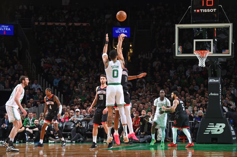 BOSTON, MA - JANUARY 27: Jayson Tatum #0 of the Boston Celtics shoots the ball during the game against the Houston Rockets on January 27, 2025 at TD Garden in Boston, Massachusetts. NOTE TO USER: User expressly acknowledges and agrees that, by downloading and/or using this Photograph, user is consenting to the terms and conditions of the Getty Images License Agreement. Mandatory Copyright Notice: Copyright 2025 NBAE (Photo by Brian Babineau/NBAE via Getty Images)