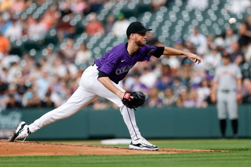 Jun 10, 2025; Denver, Colorado, USA; Colorado Rockies starting pitcher Carson Palmquist (45) pitches in the second inning against the San Francisco Giants at Coors Field. Mandatory Credit: Isaiah J. Downing-Imagn Images