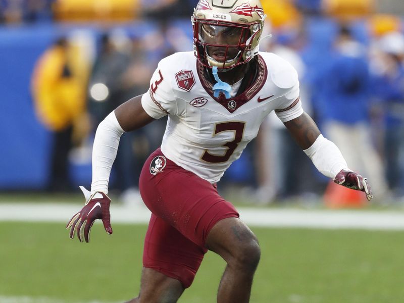 Nov 4, 2023; Pittsburgh, Pennsylvania, USA;  Florida State Seminoles defensive back Kevin Knowles II (3) drops into pass coverage against the Pittsburgh Panthers during the second quarter at Acrisure Stadium. Mandatory Credit: Charles LeClaire-USA TODAY Sports