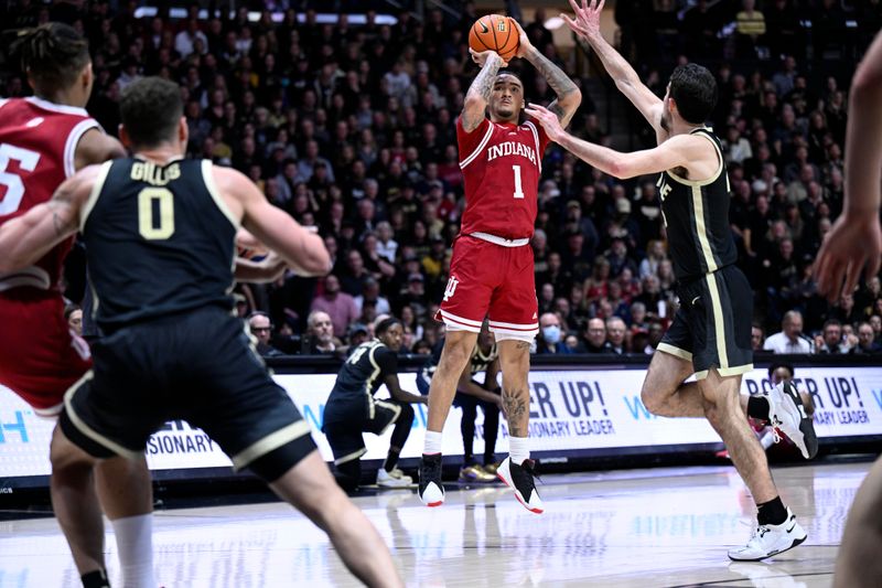 Feb 25, 2023; West Lafayette, Indiana, USA; Indiana Hoosiers guard Jalen Hood-Schifino (1) shoots the ball against Purdue Boilermakers guard Ethan Morton (25) during the first half at Mackey Arena. Mandatory Credit: Marc Lebryk-USA TODAY Sports