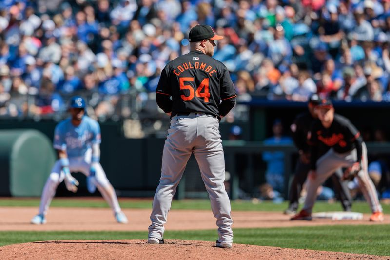 Apr 21, 2024; Kansas City, Missouri, USA; Baltimore Orioles pitcher Danny Coulombe (54) on the mound during the seventh inning against the Kansas City Royals at Kauffman Stadium. Mandatory Credit: William Purnell-USA TODAY Sports