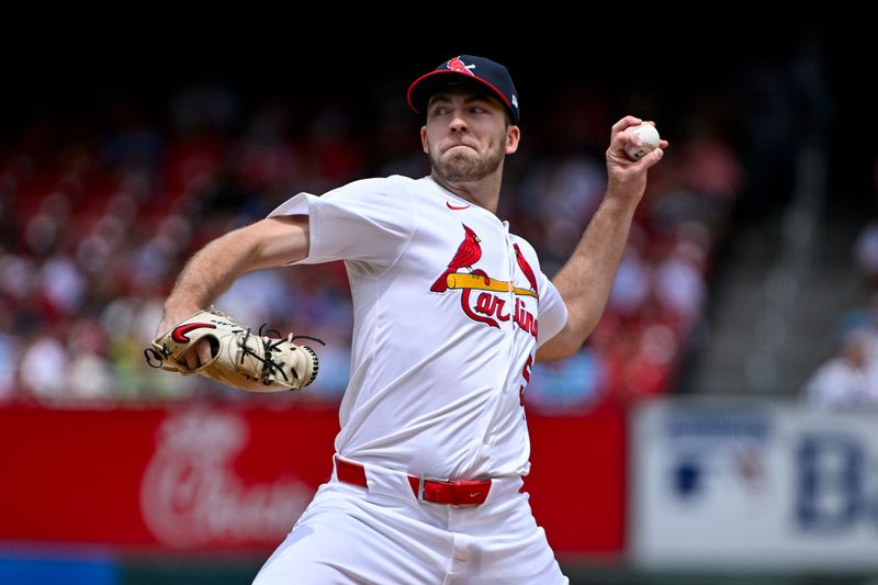 May 5, 2024; St. Louis, Missouri, USA;  St. Louis Cardinals starting pitcher Matthew Liberatore (52) pitches against the Chicago White Sox during the first inning at Busch Stadium. Mandatory Credit: Jeff Curry-USA TODAY Sports