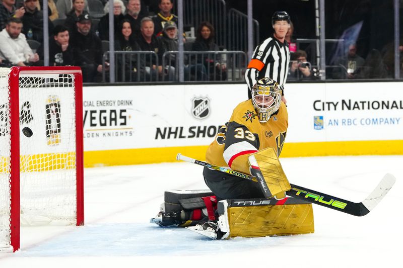 Feb 20, 2024; Las Vegas, Nevada, USA; Vegas Golden Knights goaltender Adin Hill (33) watches as a shot from Nashville Predators center Cody Glass (8) scores during the first period at T-Mobile Arena. Mandatory Credit: Stephen R. Sylvanie-USA TODAY Sports