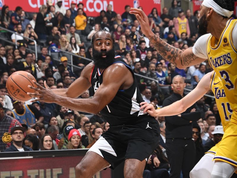 LOS ANGELES, CA - FEBRUARY 28: James Harden #1 of the LA Clippers handles the ball during the game against the Los Angeles Lakers on February 28, 2024 at Crypto.Com Arena in Los Angeles, California. NOTE TO USER: User expressly acknowledges and agrees that, by downloading and/or using this Photograph, user is consenting to the terms and conditions of the Getty Images License Agreement. Mandatory Copyright Notice: Copyright 2024 NBAE (Photo by Andrew D. Bernstein/NBAE via Getty Images)