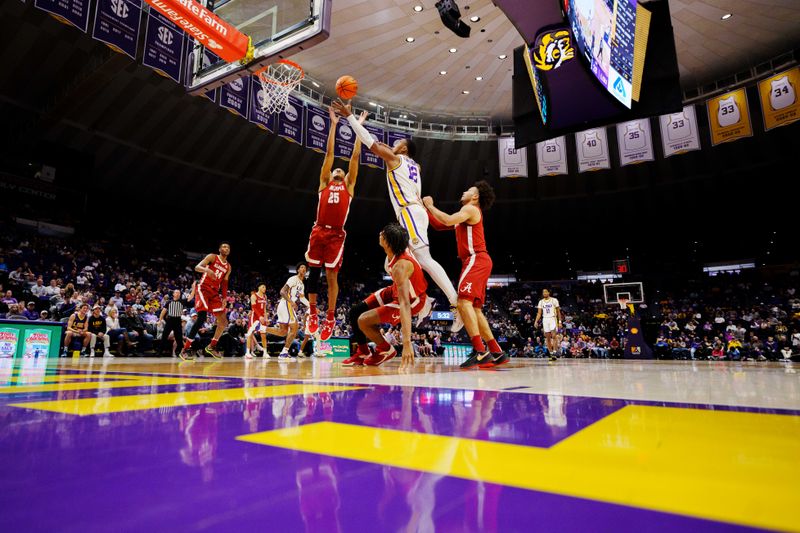 Feb 4, 2023; Baton Rouge, Louisiana, USA; LSU Tigers forward KJ Williams (12) shoots the ball against the Alabama Crimson Tide during the first half at Pete Maravich Assembly Center. Mandatory Credit: Andrew Wevers-USA TODAY Sports