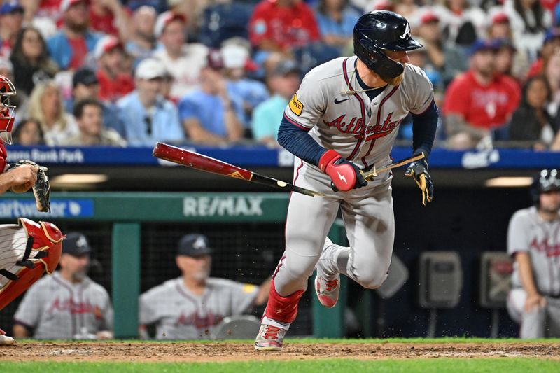 Aug 31, 2025; Philadelphia, Pennsylvania, USA; Atlanta Braves outfielder Jake Fraley (16) breaks his bat while hitting a single during the ninth inning against the Philadelphia Phillies at Citizens Bank Park. Mandatory Credit: Eric Hartline-Imagn Images Aug 31, 2025; Philadelphia, Pennsylvania, USA; Atlanta Braves outfielder Jake Fraley (16) breaks his bat while hitting a single during the ninth inning against the Philadelphia Phillies at Citizens Bank Park. Mandatory Credit: Eric Hartline-Imagn Images