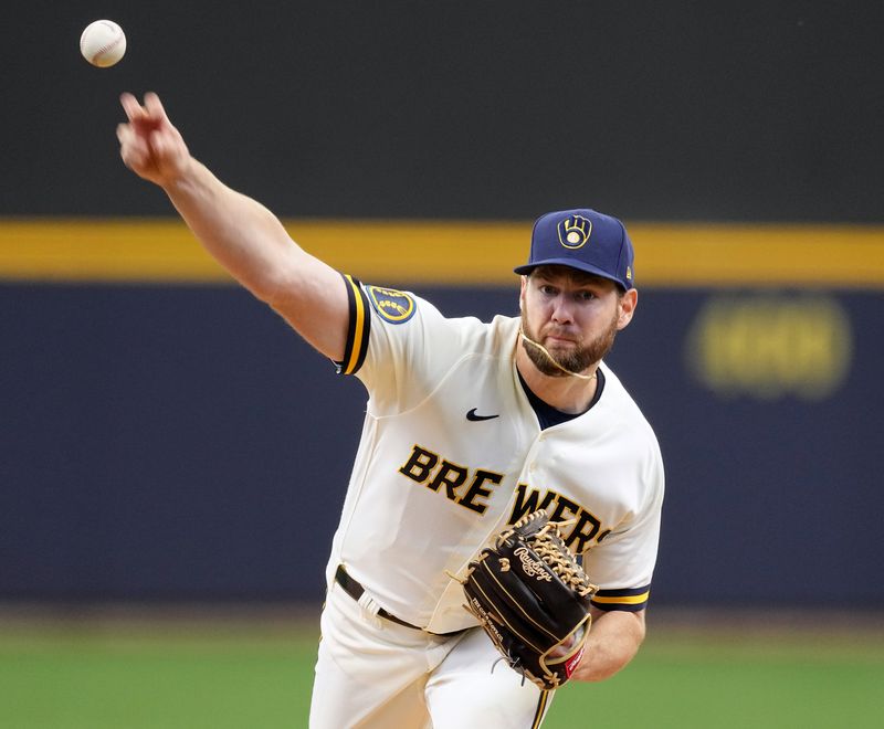 May 24, 2023; Milwaukee, Wisconsin, USA; Milwaukee Brewers' Adrian Houser (37) throws during the first inning against the Houston Astros at American Family Field. Mandatory Credit: Mark Hoffman-USA TODAY Sports