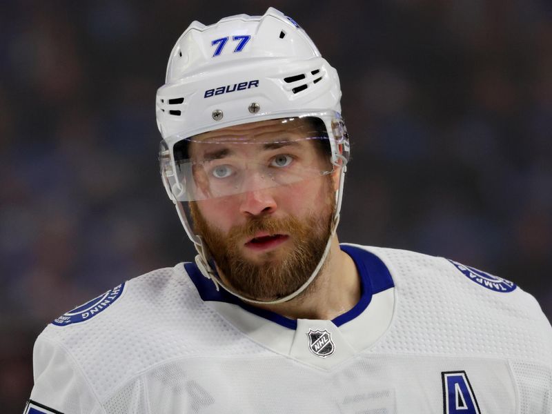 Jan 20, 2024; Buffalo, New York, USA;  Tampa Bay Lightning defenseman Victor Hedman (77) waits for the face-off during the second period against the Buffalo Sabres at KeyBank Center. Mandatory Credit: Timothy T. Ludwig-USA TODAY Sports