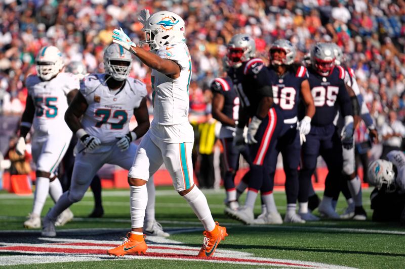 Miami Dolphins fullback Alec Ingold, center, celebrates after his touchdown during the second half of an NFL football game against the New England Patriots, Sunday, Oct. 6, 2024, in Foxborough, Mass. (AP Photo/Steven Senne)