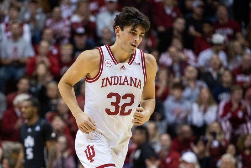 Dec 21, 2023; Bloomington, Indiana, USA; Indiana Hoosiers guard Trey Galloway (32) runs in the second half against the North Alabama Lions at Simon Skjodt Assembly Hall. Mandatory Credit: Trevor Ruszkowski-USA TODAY Sports