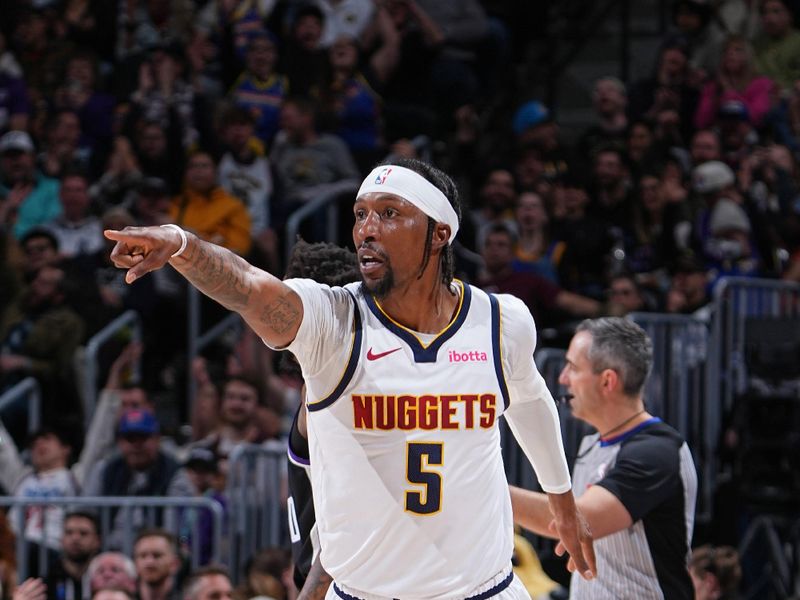 DENVER, CO - FEBRUARY 28: Kentavious Caldwell-Pope #5 of the Denver Nuggets signals during the game against the Sacramento Kings on February 28, 2024 at the Ball Arena in Denver, Colorado. NOTE TO USER: User expressly acknowledges and agrees that, by downloading and/or using this Photograph, user is consenting to the terms and conditions of the Getty Images License Agreement. Mandatory Copyright Notice: Copyright 2024 NBAE (Photo by Garrett Ellwood/NBAE via Getty Images)