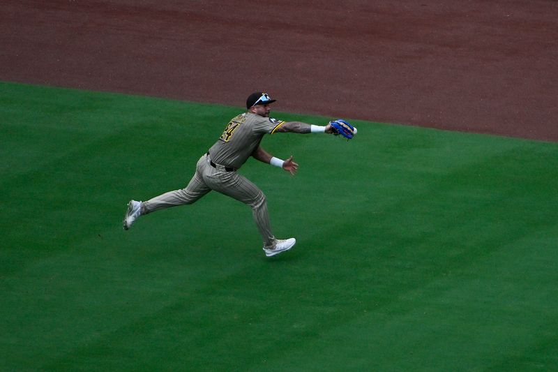 Aug 29, 2024; St. Louis, Missouri, USA;  San Diego Padres right fielder David Peralta (24) is unable to catch a triple hit by St. Louis Cardinals right fielder Lars Nootbaar (not pictured) during the eighth inning at Busch Stadium. Mandatory Credit: Jeff Curry-USA TODAY Sports