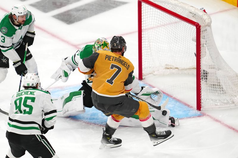 May 3, 2024; Las Vegas, Nevada, USA; Dallas Stars goaltender Jake Oettinger (29) makes a save against Vegas Golden Knights defenseman Alex Pietrangelo (7) during the third period of game six of the first round of the 2024 Stanley Cup Playoffs at T-Mobile Arena. Mandatory Credit: Stephen R. Sylvanie-USA TODAY Sports