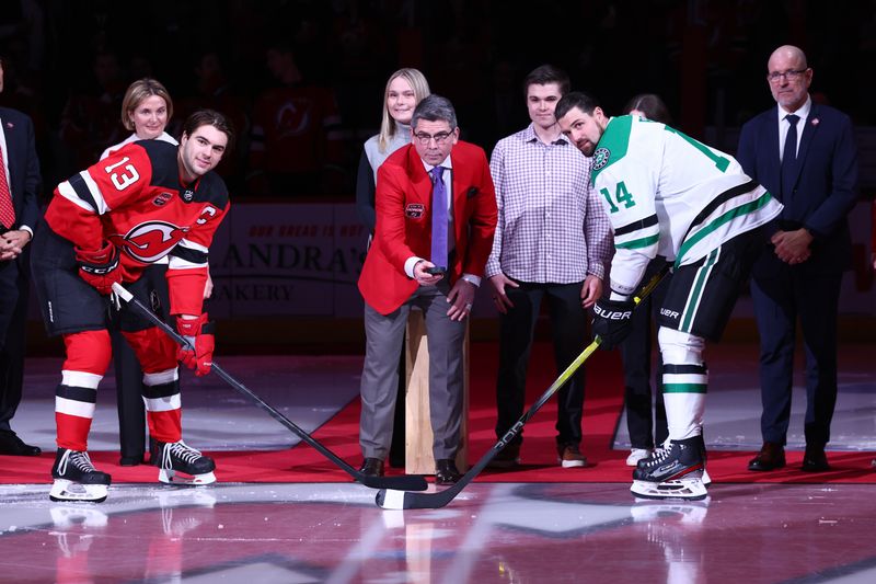 Jan 20, 2024; Newark, New Jersey, USA; Former New Jersey Devil Sergei Brylin is inducted into the Devils Ring of Honor prior to the start of the NHL game between the New Jersey Devils and the Dallas Stars at Prudential Center. Mandatory Credit: Ed Mulholland-USA TODAY Sports