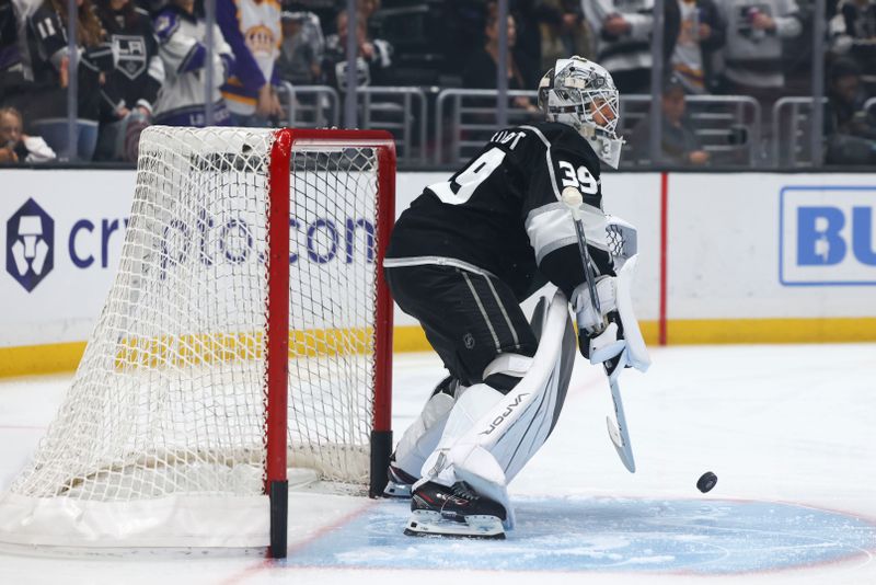 Dec 23, 2023; Los Angeles, California, USA; Los Angeles Kings goaltender Cam Talbot (39) warms up before a game against the Calgary Flames at Crypto.com Arena. Mandatory Credit: Jessica Alcheh-USA TODAY Sports