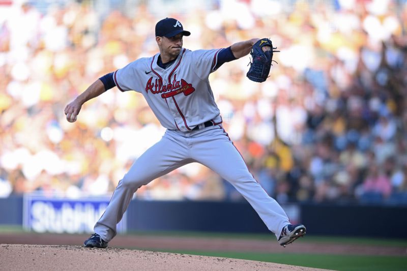 Apr 14, 2022; San Diego, California, USA; Atlanta Braves starting pitcher Charlie Morton (50) throws a pitch against the San Diego Padres during the first inning at Petco Park. Mandatory Credit: Orlando Ramirez-USA TODAY Sports