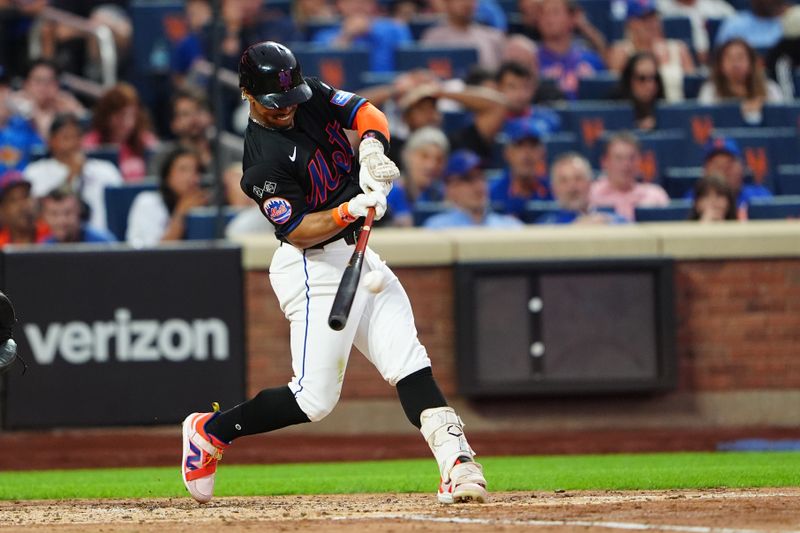 Jul 25, 2024; New York City, New York, USA; New York Mets shortstop Francisco Lindor (12) hits a two run home run against the Atlanta Braves during the third inning at Citi Field. Mandatory Credit: Gregory Fisher-USA TODAY Sports